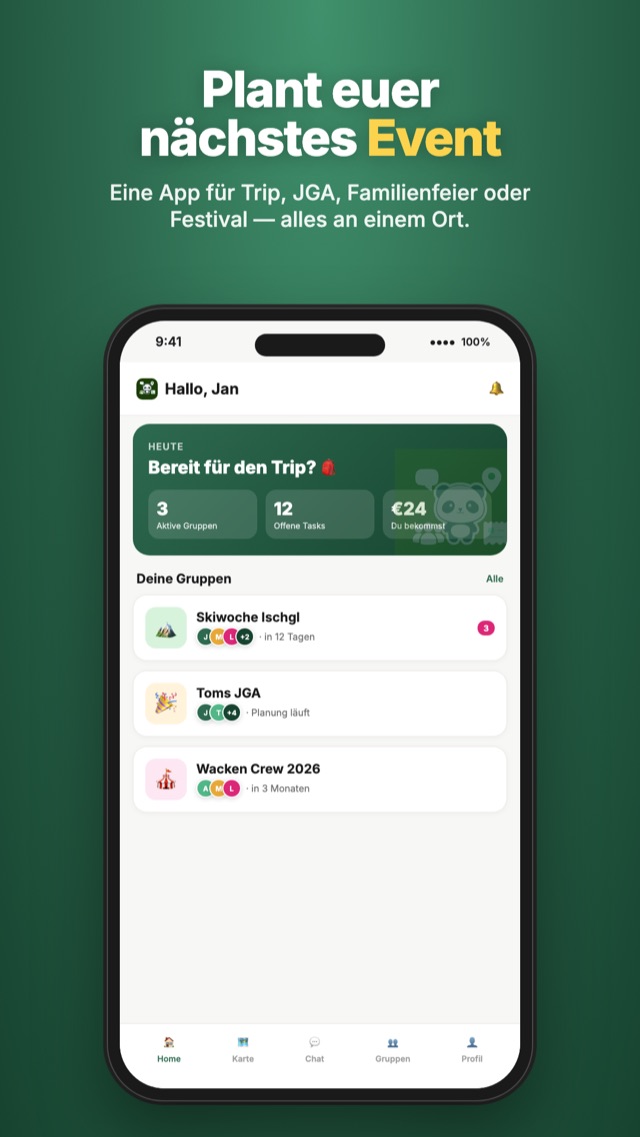 NiftyPanda Friends App – Startbildschirm mit Gruppenübersicht