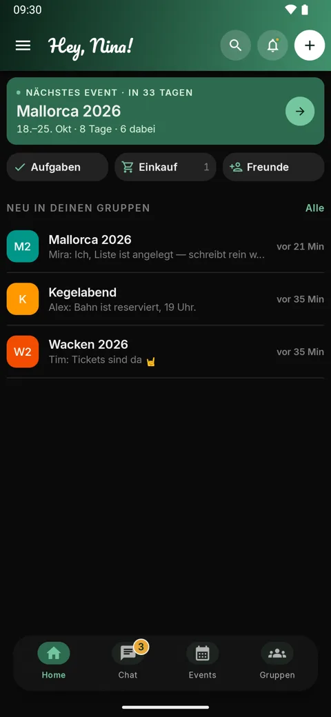 Startbildschirm mit nächstem Event und Neuigkeiten aus den Gruppen