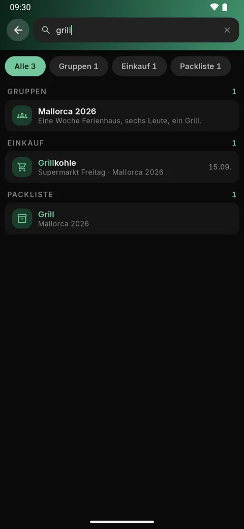 Suche über Gruppen, Listen, Aufgaben und Kosten